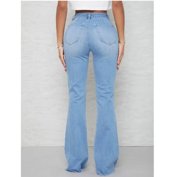 Flared Leg Blue Jeans High Waist for Curvy Hips Long Denim Bell Bottom - Picture 3 of 8